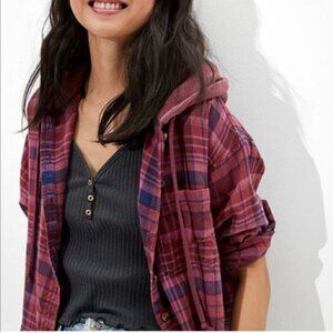 American Eagle Size S Hooded Cropped Flannel Shirt Burgandy Plaid Distressed
